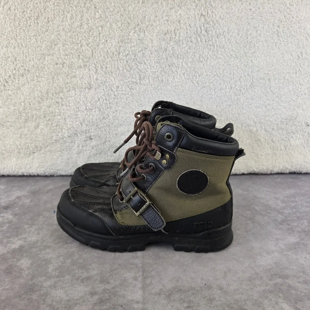Polo Ralph Lauren Boys Duck Boots Black Olive Green Leather Size 3 RF S10428